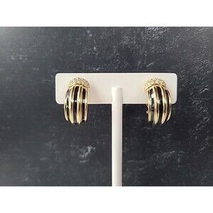 Gold And Black Striped Rhinestone Hoop Clip-on Earrings